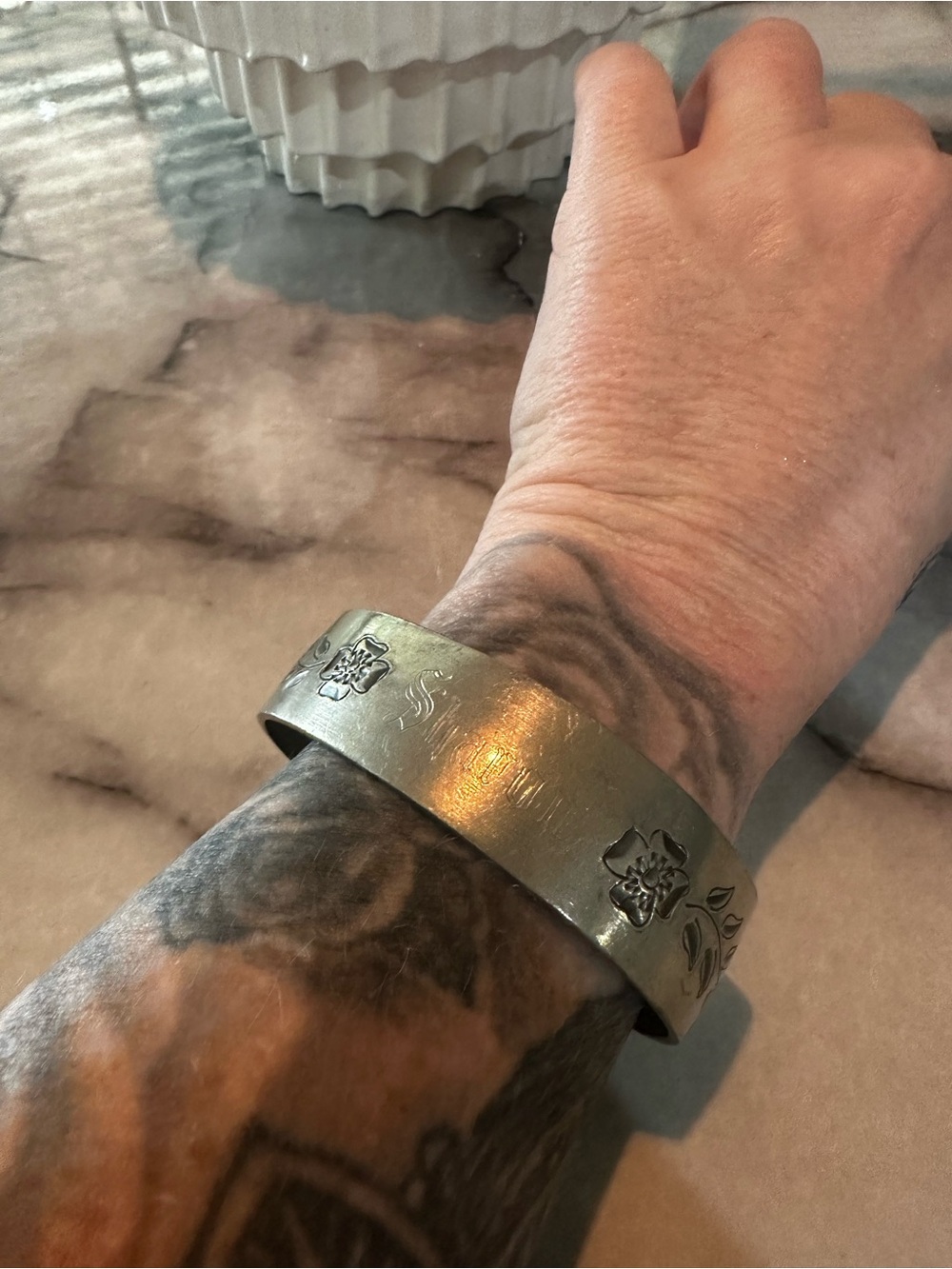 Stamped vintage Floral Metal Cuff Bracelet in Aged Silver Sharon